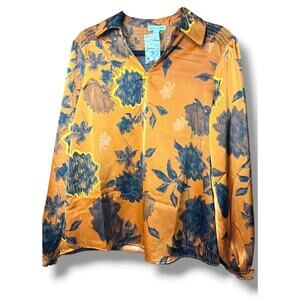 Canyon Retreat Women’s Blouse XS Rust Orange Floral Long Sleeve Collared Top